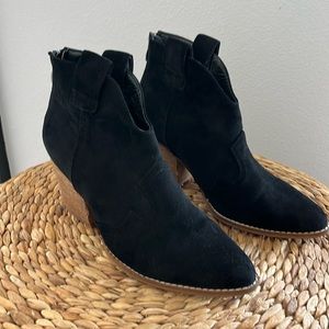 Black booties with brown stacked heel
